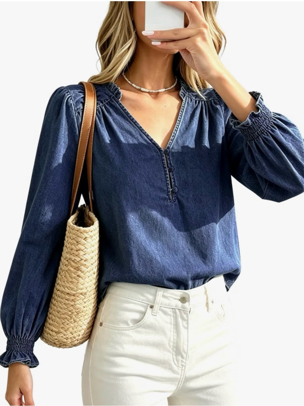 DENIM SMOCKED BLOUSE | Women’s V-Neck Long Sleeve Top w/Ruffle Cuffs - Blue
